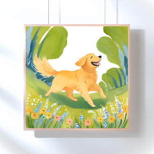 Pôster Cachorro Feliz Retriever Dourado   Pintura em Aqua