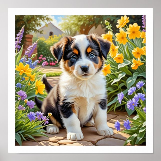 Poster Cachorro Fofo com Flores (Frente)