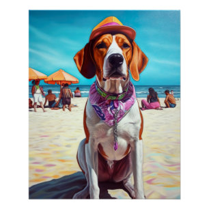 Pôster Cachorro Foxhound Inglês Americano na Praia, prese