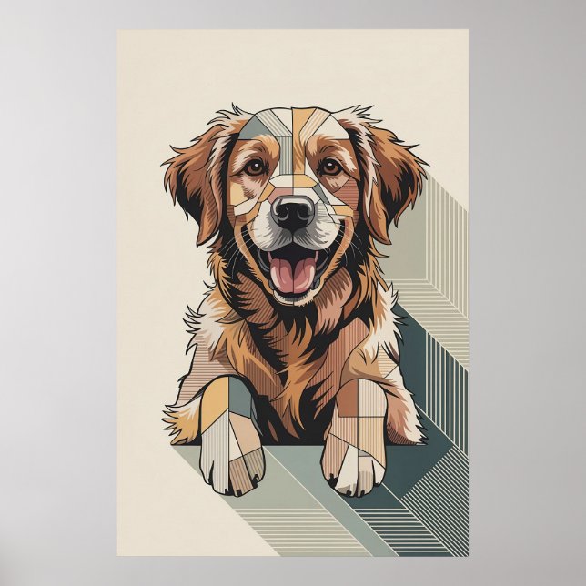 Poster Cachorro Geométrico Retriever Dourado em Patchwork (Frente)