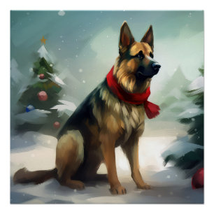 Pôster Cachorro german shepherd no Natal da Neve