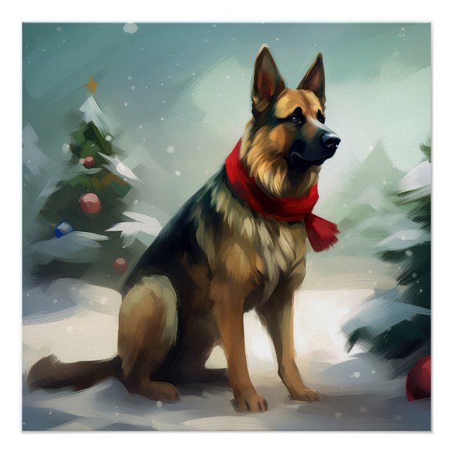 Pôster Cachorro german shepherd no Natal da Neve (Frente)