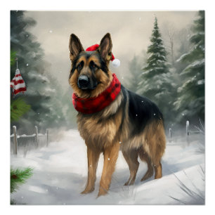 Pôster Cachorro german shepherd no Natal da Neve