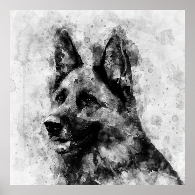 Poster Cachorro german shepherd Preto e Branco Aquarela (Frente)