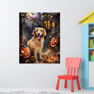 Poster Cachorro Golden Retriever de Halloween com Abóbora