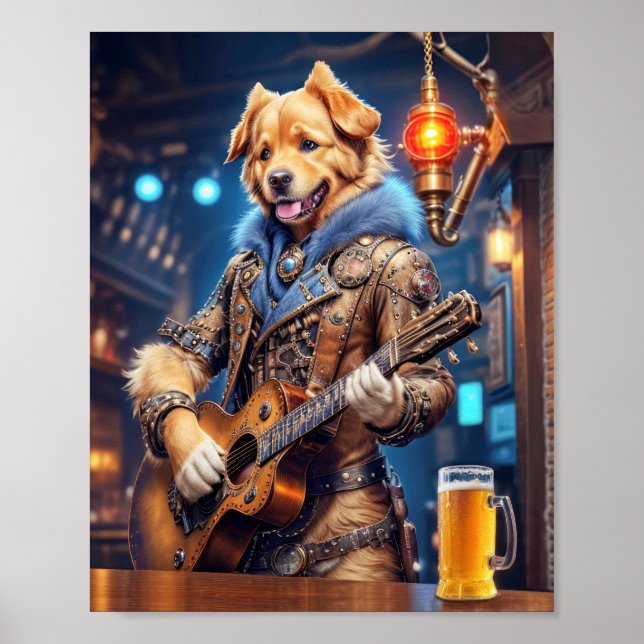 Poster Cachorro golden retriever steampunk com violão acú (Frente)