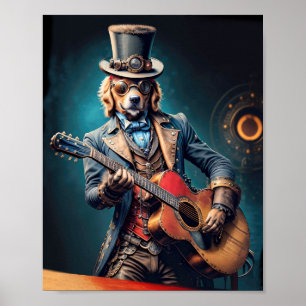 Poster Cachorro Golden Retriever steampunk tocando violão
