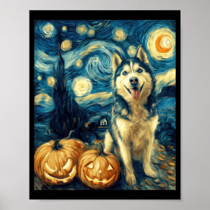 Poster Cachorro Husky Siberiano Fofo Abóbora de Halloween