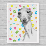 Poster Cachorro italiano Greyhound Cute Funny Sketch Retr<br><div class="desc">Este poster de diversão apresenta um retrato desenhado feito à mão de um lindo cão de galgos italianos e um padrão colorido de pata no fundo. Inspirado pelo meu adorável rabo :) presente Legal e artístico para o dono do rabo, amante do cão, para qualquer pessoa que ame arte e...</div>