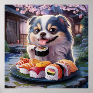 Poster Cachorro Japonês Cachorro Comendo Sushi