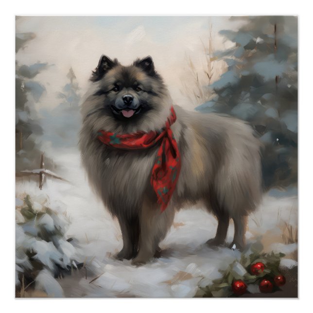 Pôster Cachorro Keeshond no Natal da Neve (Frente)