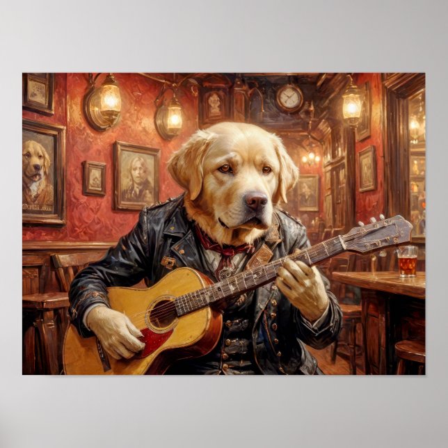 Poster Cachorro labrador com vestido de galinha tocando v (Frente)