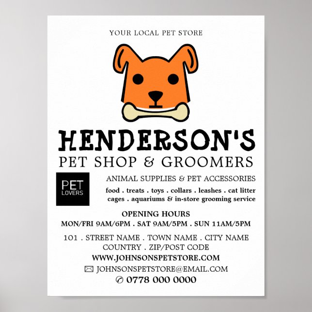 Poster Cachorro Laranja com Osso, Pet Store e Groomers (Frente)