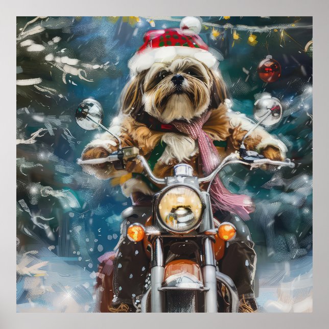 Poster Cachorro Lhasa Apso Pilotando Moto Natal  (Frente)