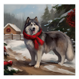 Pôster Cachorro Malamute do Alasca na Neve Natal