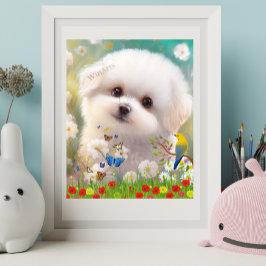 Poster Cachorro maltês branco fofo em Arte de Jardim Flor