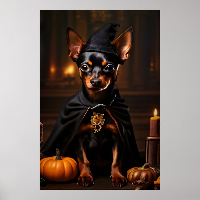 Poster Cachorro Miniatura Pinscher em Festa de Halloween (Frente)