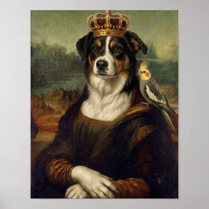 Poster Cachorro Mona Lisa com Papagaio Calopsita Arte Fin