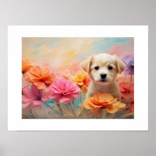 Poster Cachorro para download cercado por flores pastéis