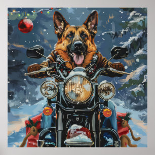 Poster Cachorro Pastor Alemão Pilotando Motocicleta Natal