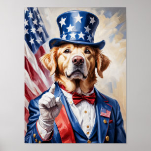 Poster Cachorro Patriótico Golden Retriever na pose do Ti