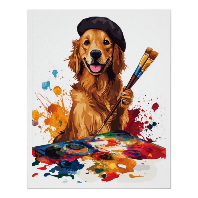 Pôster Cachorro Pintor � Cão Artístico com Cavalete (Frente)
