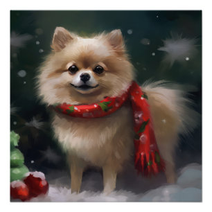 Pôster Cachorro Pomerânia na Neve Natal
