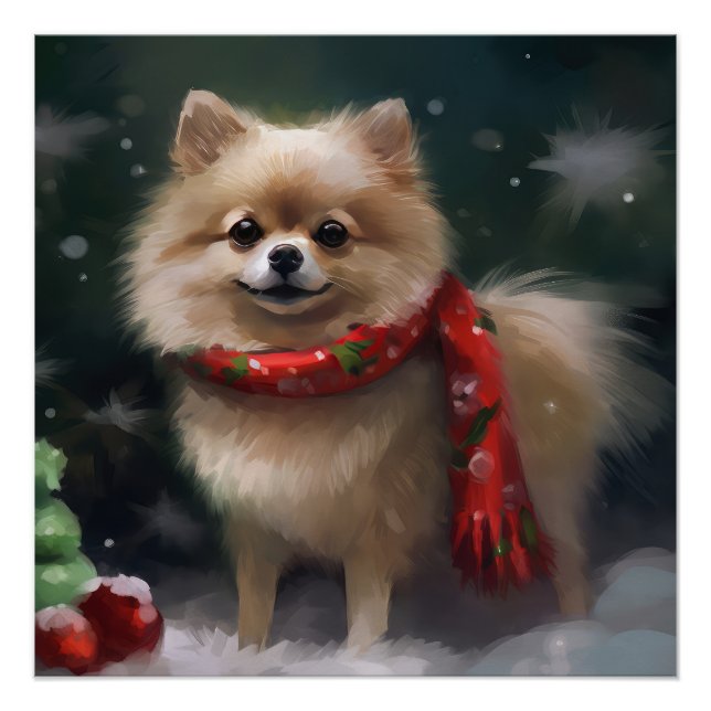 Pôster Cachorro Pomerânia na Neve Natal (Frente)