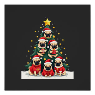 Pôster Cachorro Pug Árvore de Natal Natal Fofo (4)