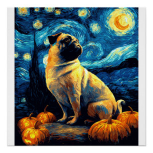 Pôster Cachorro Pug da noite estrelada de van gogh hallow