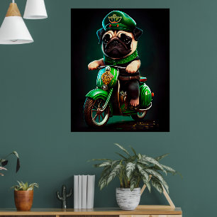 Poster Cachorro Pug Dirigindo Bicicleta Dia de São Patríc
