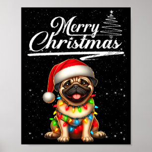 Poster Cachorro Pug Engraçado Luzes de Natal Chapéu do Pa