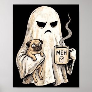 Poster Cachorro pug fantasma mal-humorado segurando café