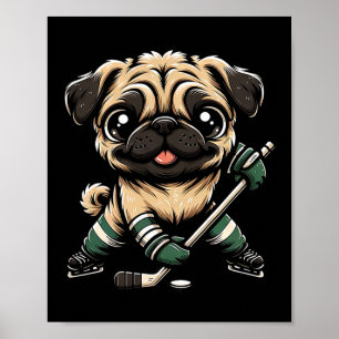 Poster Cachorro Pug Fofo Jogando Hóquei no Gelo Design Ho