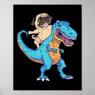 Poster Cachorro Pug Montando T-rex Surfando Dinossauro Am