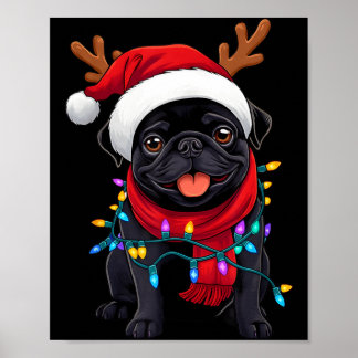 Poster Cachorro Pug Preto Luzes de Natal no Pé de Natal C