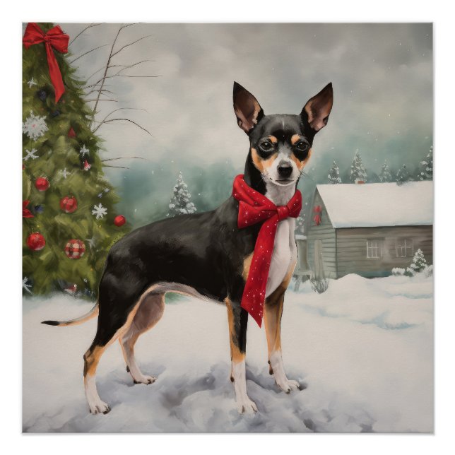 Pôster Cachorro Rat Terrier na Neve Natal  (Frente)