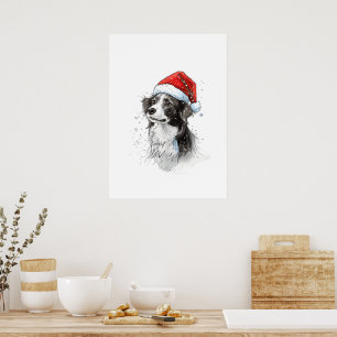 Poster Cachorro Reproduzido em Santa Chapéu com Flocos de
