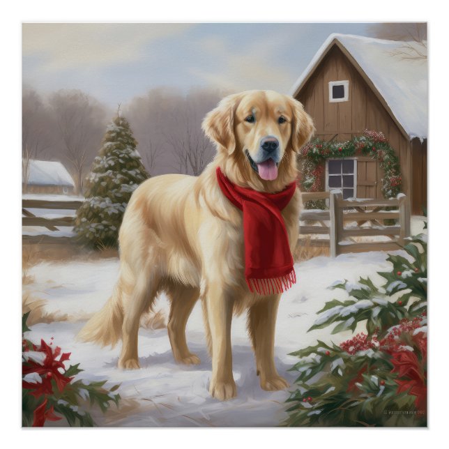 Pôster Cachorro Retriever Dourado na Neve Natal  (Frente)