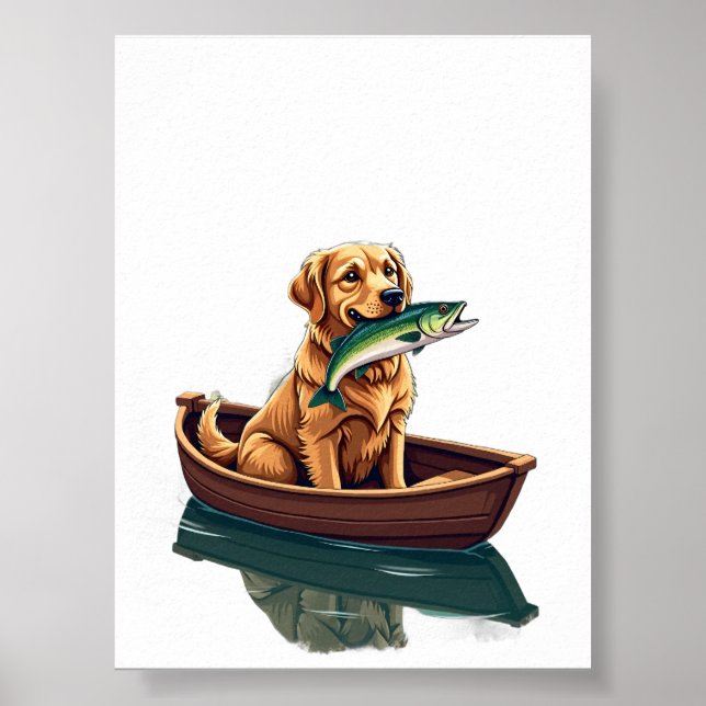 Poster Cachorro Retriever Dourado Pescando Retro - Hobby  (Frente)