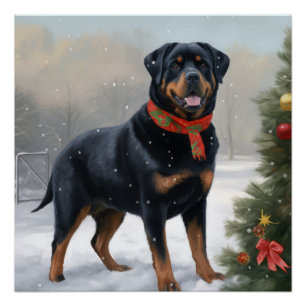 Pôster Cachorro Rottweiler na Neve Natal