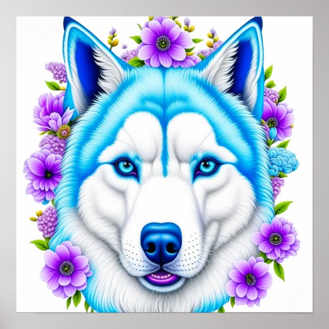 Poster Cachorro rouco com olhos azuis e flores (Frente)