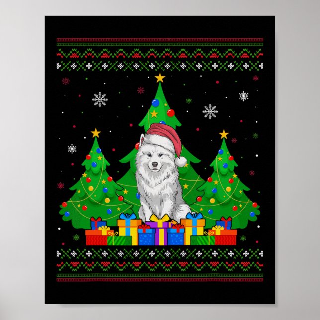 Poster Cachorro Samoyed da Árvore de Natal Santa Hat (Frente)