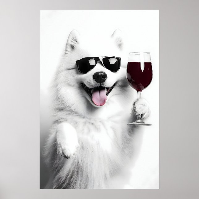 Poster Cachorro Samoyed Engraçado Bebendo Vinho Arte Impr (Frente)