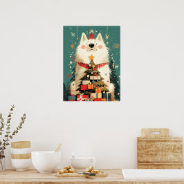 Poster Cachorro Samoyed fofo com Natal