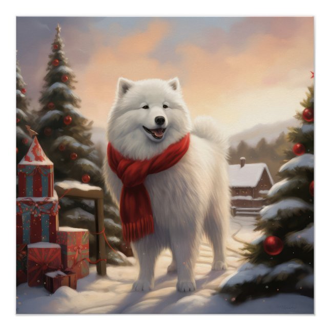 Pôster Cachorro Samoyed na Neve Natal  (Frente)