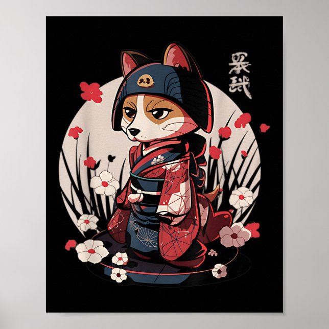 Poster Cachorro Samurai Japonês Tattoo Kawaii Ninja (Frente)