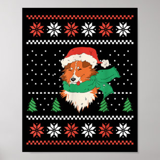 Poster Cachorro Sheltie de Natal Com Chapéu de Papai Noel