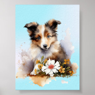 Poster Cachorro Shetland Sheepdog Filhote Pet Aquarela Fl
