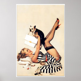 Poster Cachorro sortudo Pug 1958 Estilo retrô Elvgren Pin